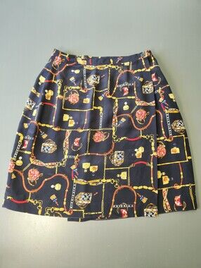 VTG Equestrian Print Silk Navy Gold Wrap Pencil Mini Skirt Size 8 Chic Preppy